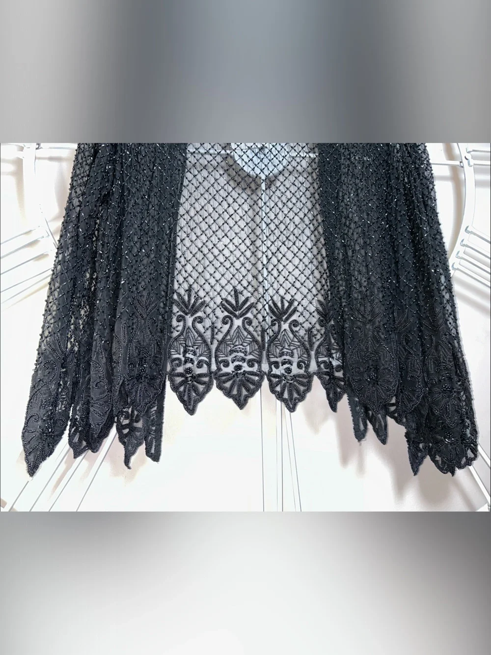 Vintage Stenay 100% Silk Black Beaded Sheer Open-Front Cardigan Duster Jacket